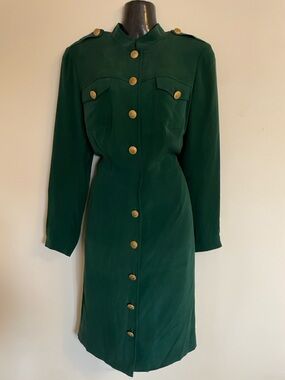 august silk Deep Green Military-Inspired Midi Dress with Gold Buttons